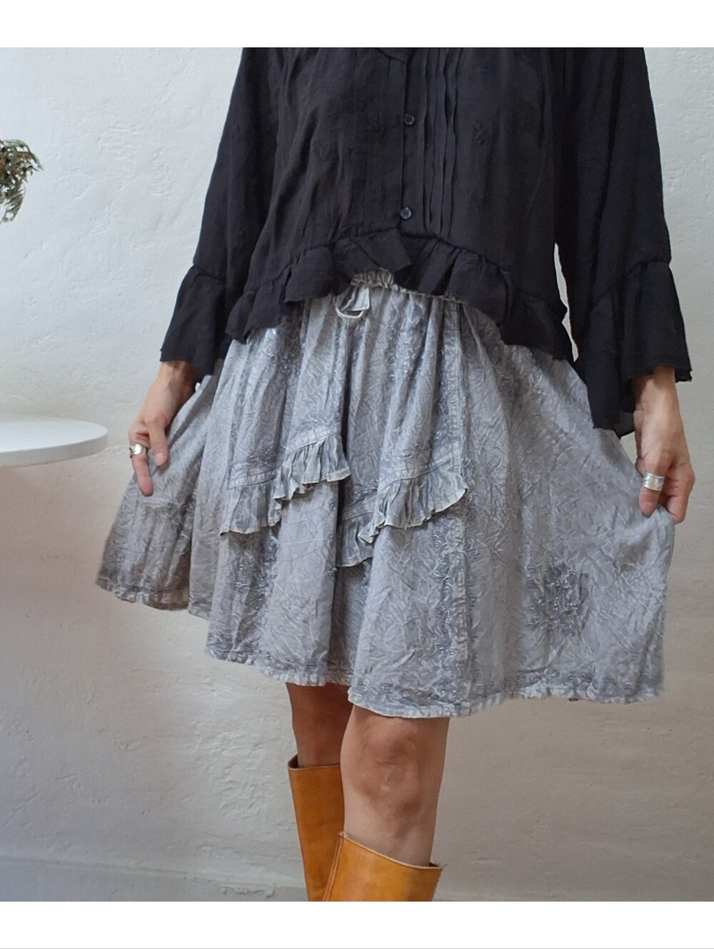 WHIMSIGOTH Fairycore Gray Crinkle Rayon Ruffle Mini Skirt Vintage Boho